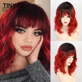 

Medium Length Wavy Synthetic Wigs for Black Women Ombre Black Wine Red Wigs With Bangs Heat Resistant Cosplay Wigs