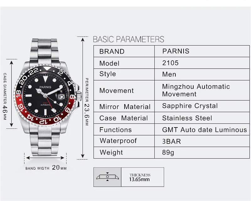 Parnis 40 мм Роскошные Брендовые мужские механические часы GMT сапфировое стекло светящиеся водонепроницаемые автоматические мужские часы