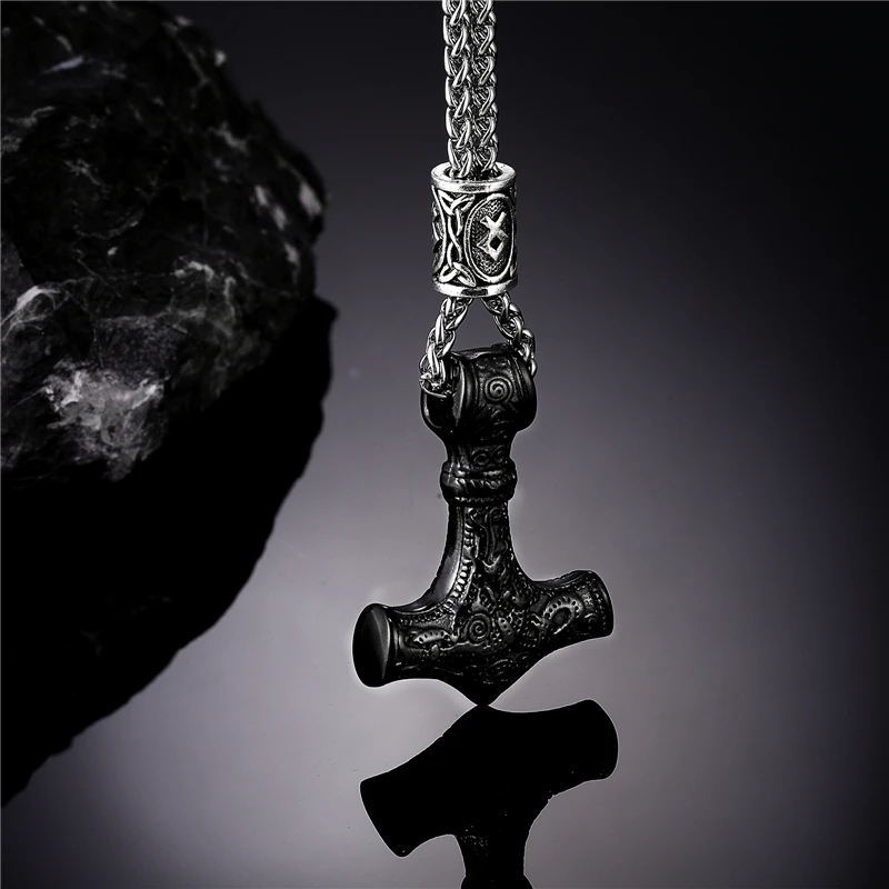 Norse Vikings Thor's Hammer Mjolnir Scandinavian Rune Amulet Necklace Stainless Steel Chain Vegvisir Anchor Pendant Male Jewelry