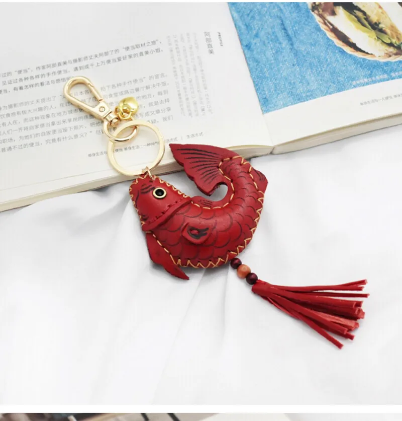 Cute designer Leather fish keychain for crafting women jewelry accessories bag charm gift porte clef femme key rings bulk