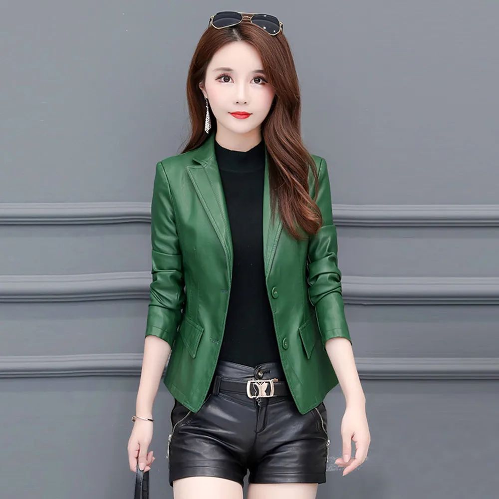 

Coat Motorcycle Jacket Women Spring Autumn Fashion Outerwear faux leather PU Jacket Suit button coat plus size S-4XL