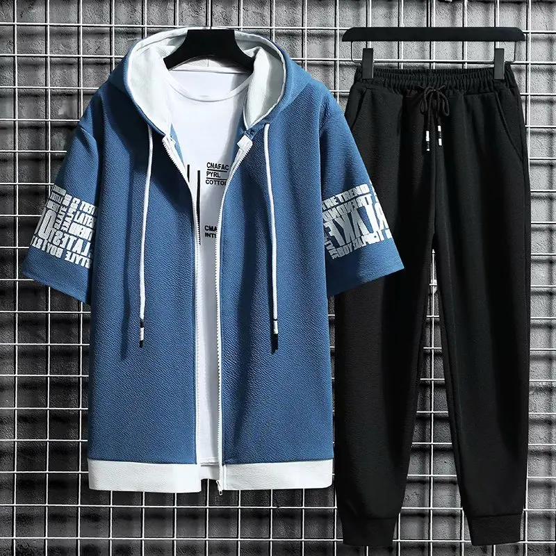 Men Clothing Two Piece Set Hooded Zipper Short Sleeve Tops + Elastic Waist Trousers Korean Streetwear Tracksuit Men sports set tracksuit set