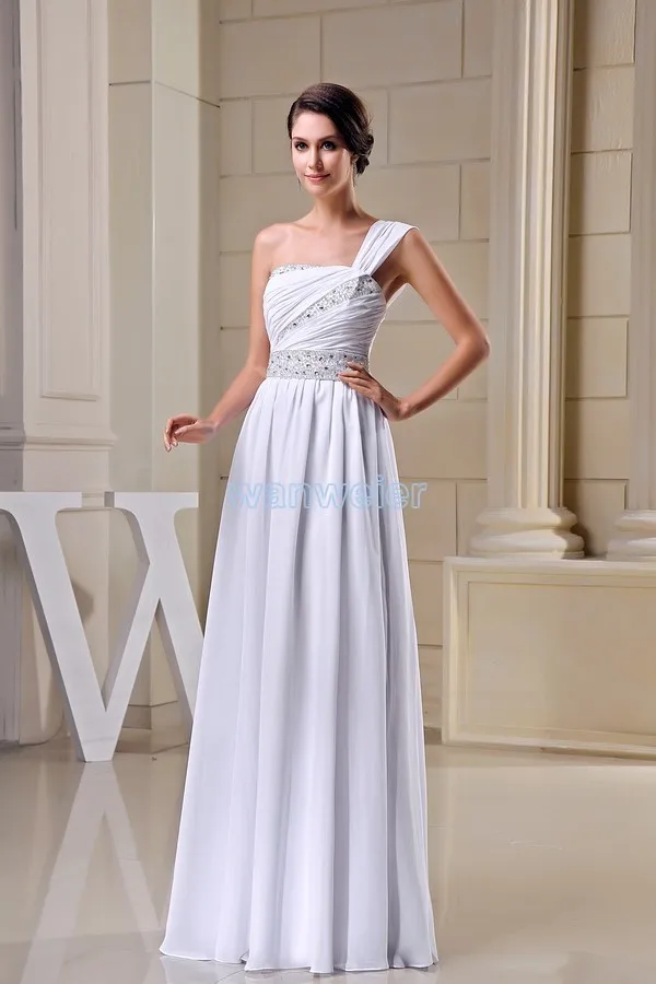 

free shipping modest 2016 design hot sale crystal beading one shoulder custom size plus size gown long white Bridesmaid Dress