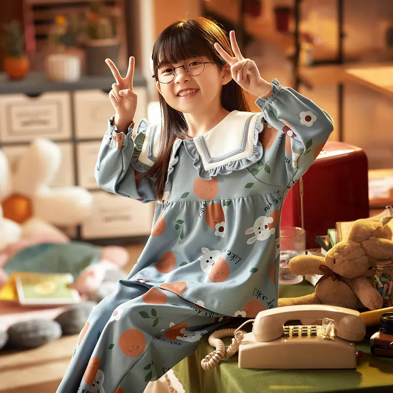 

CHILDREN'S Pajamas Cute 2020 Spring And Autumn New Style Pajamas Girls Pure Cotton Long Sleeve Peter Pan Collar Home Pajamas Sui