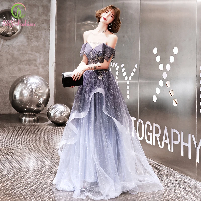 Женское длинное вечернее платье SSYFashion фиолетовое с градиентом вырезом лодочкой