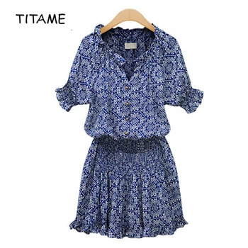 

TITAME Women Summer Print Dress Short Floral Mini Dress Women Vintage V Neck Button Shirt Dress Slim Waist Beach Wear Dress