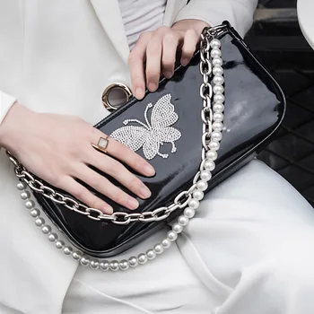 

Fashion Women Handbags Baguette Female Patent Leather Messenger Shoulder Bags New Chain Butterfly Zipper Female Pearl Cute Bags