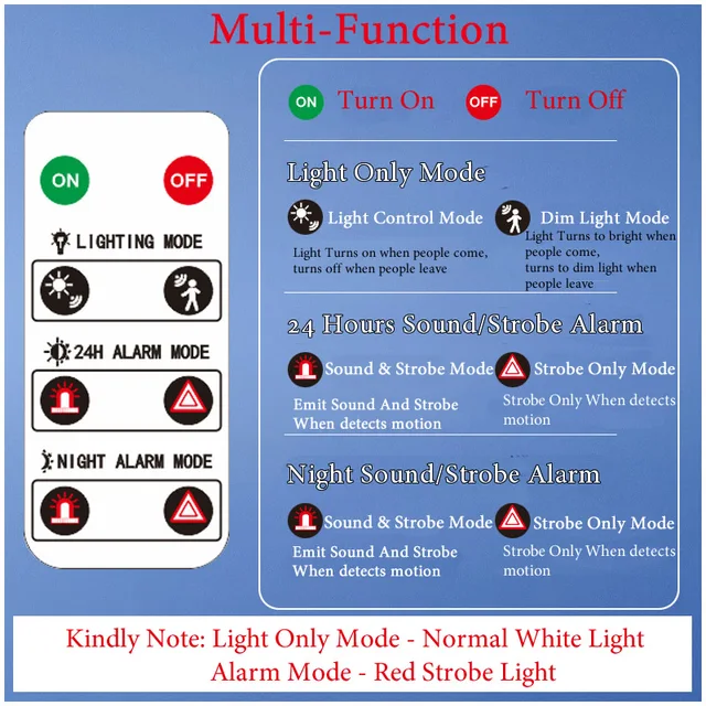Multi-Function Solar PIR Motion Sensor Alarm Light Remote Control 129dB Siren For Home Garden Shed Caravan Farm Security Lamp 4
