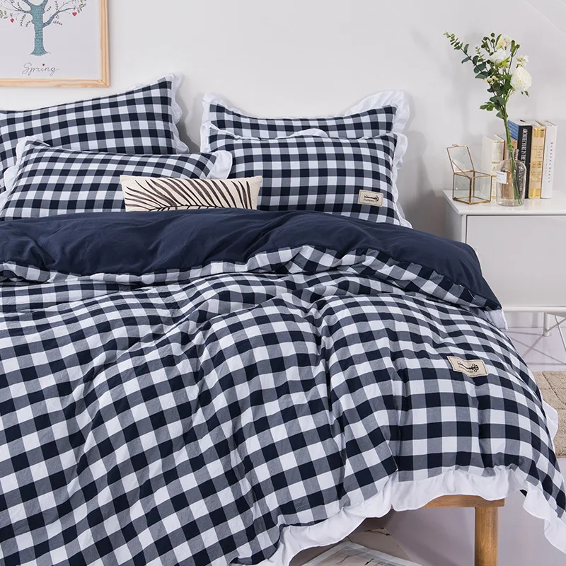 

Summer Grid Duvet Cover Set Korean Style 100% Washed Cotton Bed Set Ruffles Bedding Stripe Princess Bed Linen Set Camel Bedcloth