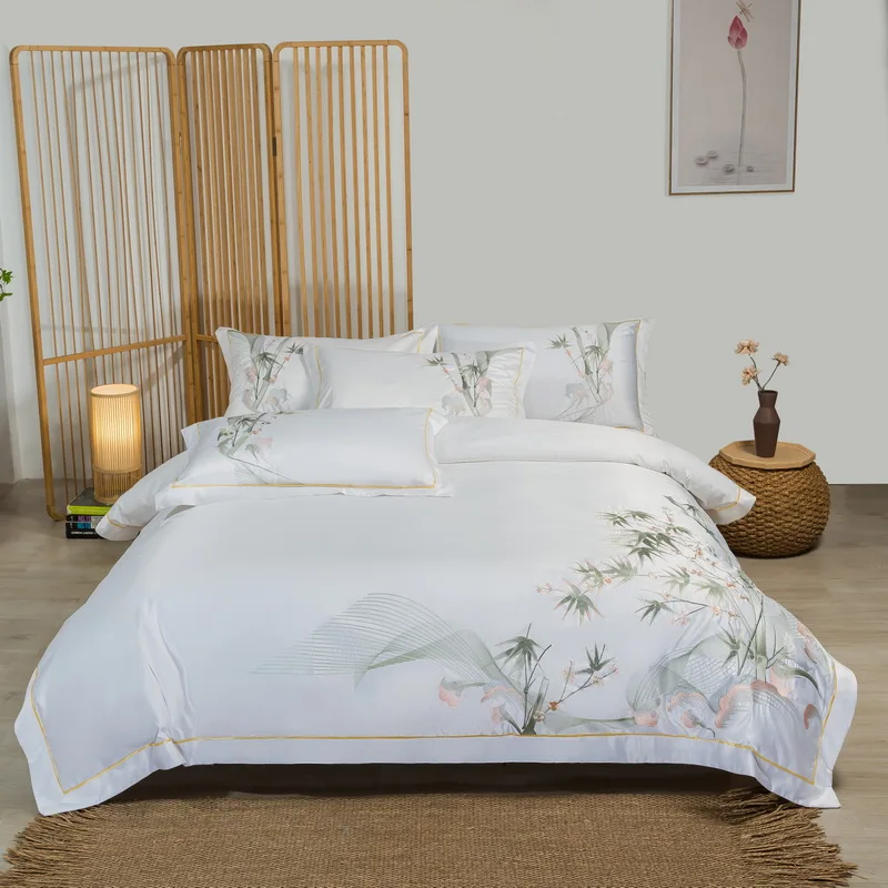 New Luxury Chinese Style Bamboo Embroidery Breathable Bedding Set Satin Cotton Double Duvet