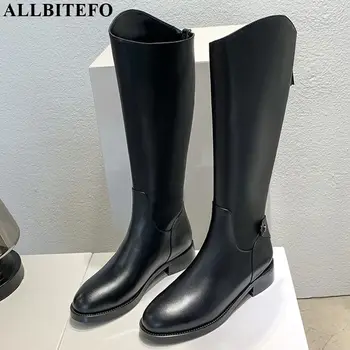 

ALLBITEFO real genuine leather+PU women boots Round toe concise fashion boots Autumn Winter High quality women knee high boots