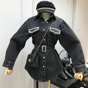 

New Spring 2020 Heavy Pearl Bead Pocket Denim Shirt Retro Lapel Loose Long Sleeve Belt Denim Coat Woman Jeans Blouse Tops