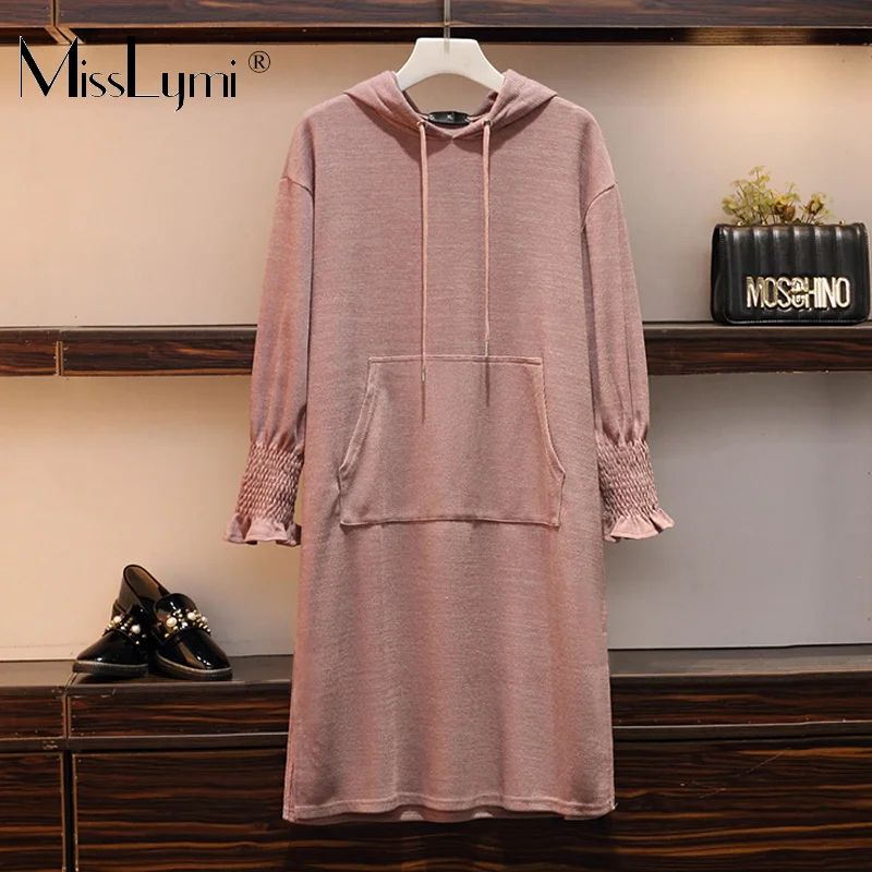 

XL-5XL Plus Size Women Pink Hooded Dress Autumn 2019 Fashion Long Sleeve Loose Casual Ladies A-Line Dresses with Big Pockets