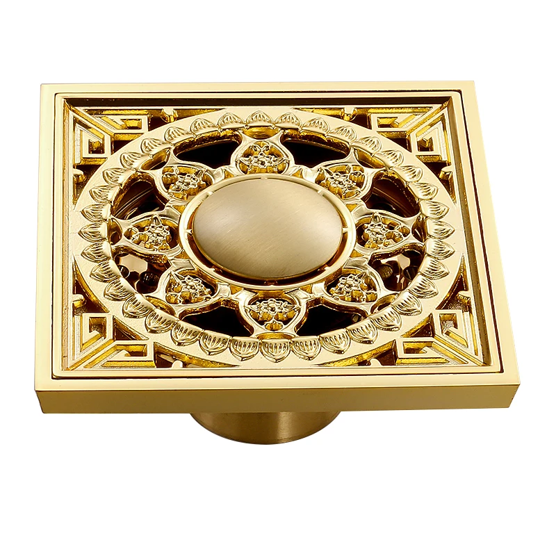 

4 inch Floor Drain Euro Style Gold/Antique Bronze Brass Flower Art Carved Euro Floor Drains Square Floor Drain Strainer 10*10cm