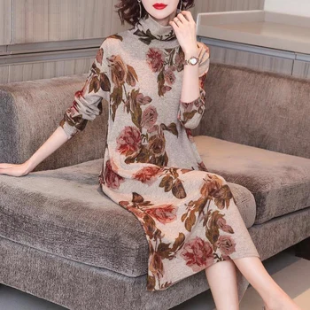 

Winter Fall Vintage Womens Turtleneck Printed Floral Knitted Sweater Dress , Casual Women Elegant Pullover Sweaters Dresses