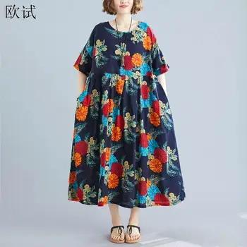 

Plus Size Floral Boho Summer Beach Dress 2020 New Arrival Flower Print Dresses for Women 4xl 5xl 6xl Cotton Long Oversize Dress