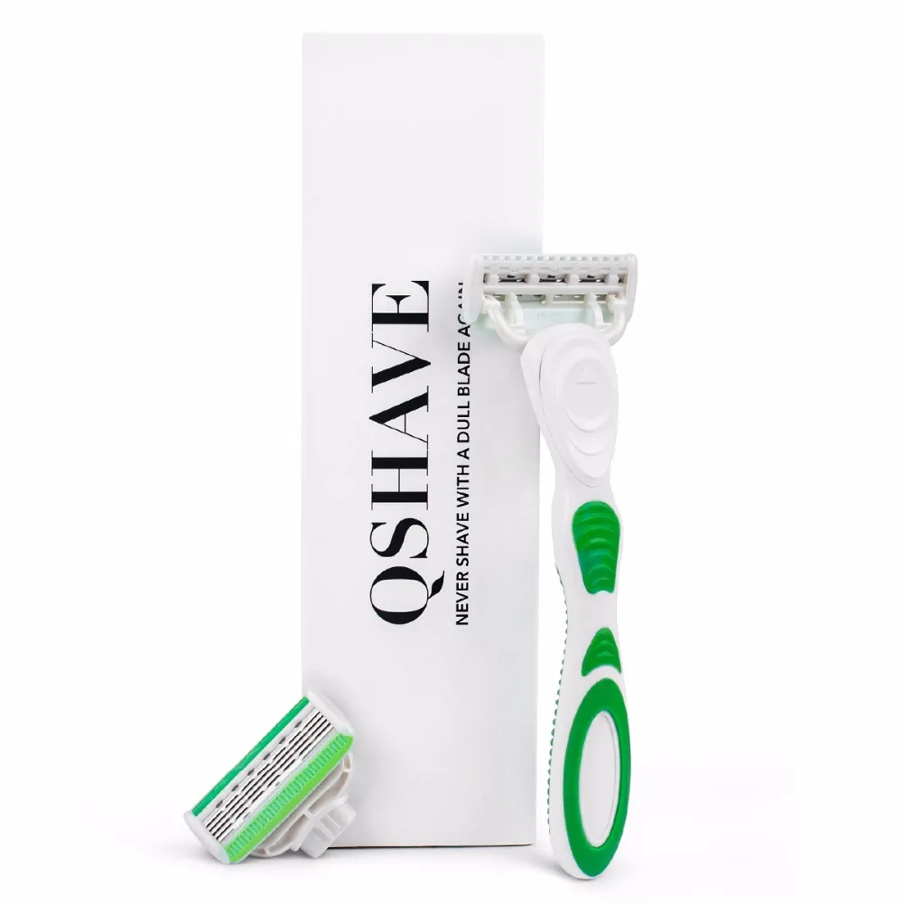 Красивая бритва Qshave Green Lady Body для женщин, бикини, бритва для бритья, на день рождения, День Святого Валентина, для девушек, сестер, 1 шт., бритвенная ручка и 2 шт. X5 USA Blade