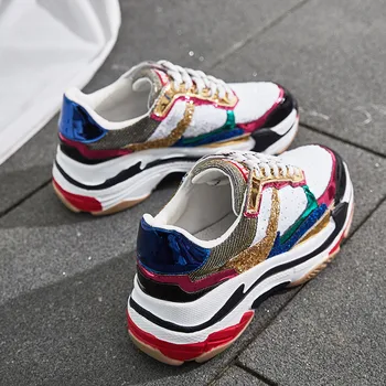 

Multicolour Bling Sneakers Women Flat Platform Shoes Zapatos De Mujer Lace-Up Sport Shoes Woman Leisure Chunky Heel Ladies Shoes