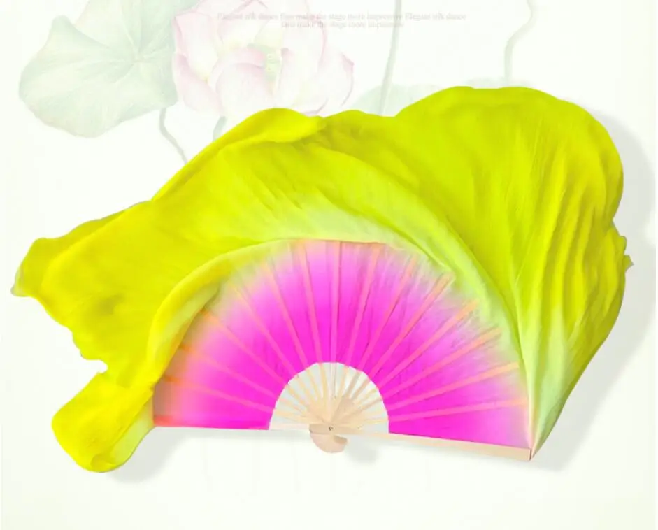 Профессиональный индивидуальный цвет Шелковый веер вуаль 1 пара настоящий Шелковый веер для танца живота ярко розовый желтый градиент два слоя бамбуковый вентилятор