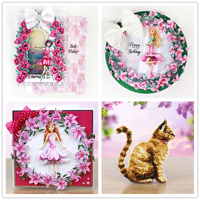 

Beautiful Girls with Flowers edge and Cat Metal Cutting Dies for Scrapbooking and Cards Making Paper Craft Dies New 2019