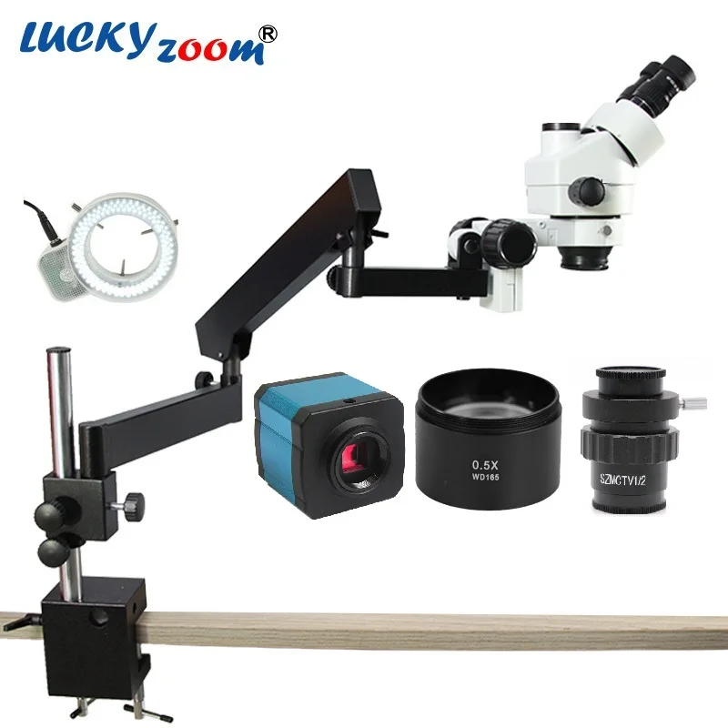 Lucky Zoom Brand New Professional 3.5X-45X Trinocular Simul Focal Microscope Flexible Articulating Arm Stereo Microscope 14MP Camera 1/2 CTV Adapter Microscopio