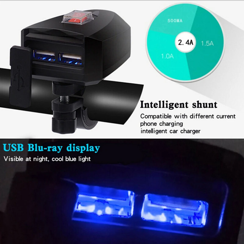 Для мотоцикла электромобиль черный двойной USB зарядное устройство для мобильного телефона 2.1A 10-80 в