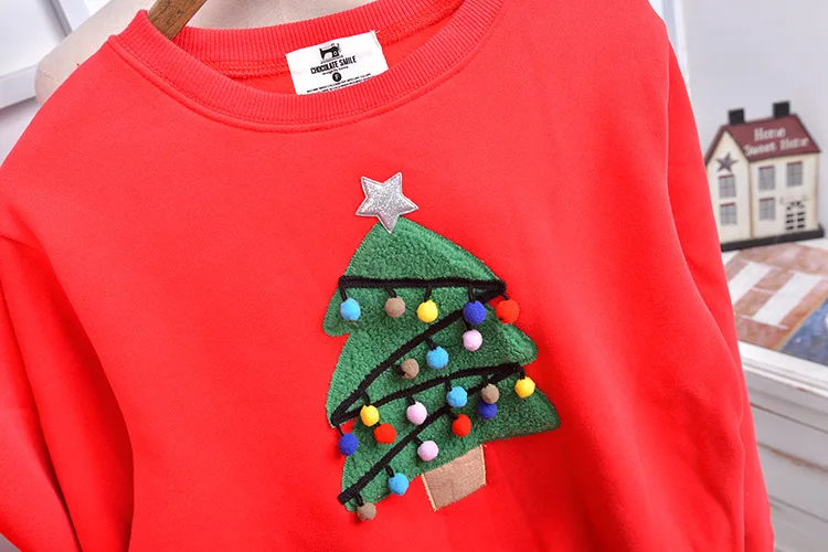 Christmas family couple parent-child sweater winter plus velvet round neck ball Christmas tree sweater class service custom