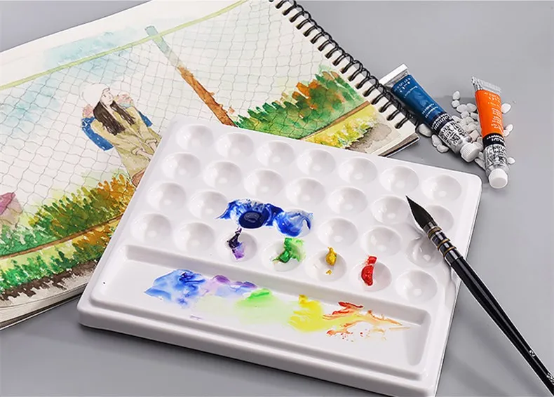 High quality Ceramic watercolor palette rectangular multi-grid white porcelain  palette art supplies paint palette with lid