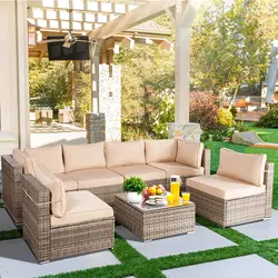 Sunmthink – ensemble de Conversation sur Patio en osier, canapé avec Table basse en rotin PE, housses de coussins imperméables, Beige, 7 pièces 