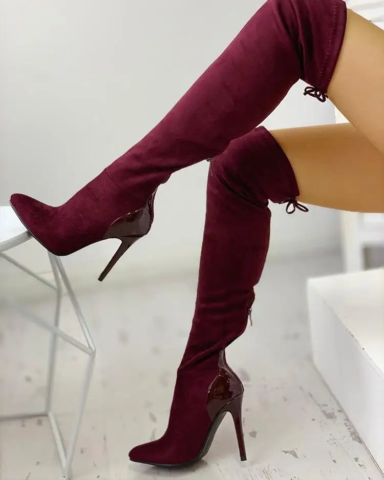 

2020 Women Fashion Elegant Zippper Suede Long Boots Thigh High Heel Pointed Toe Over The Knee Spring Autumn Ladies Boots
