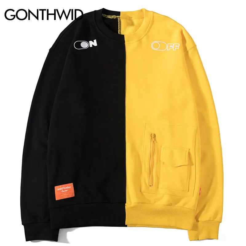 

GONTHWID Front Zipper Pocket Two-Tone Color Block Patchwork Pullover Sweatshirts Hoodie Harajuku Hip Hop Casual Streetwear Tops