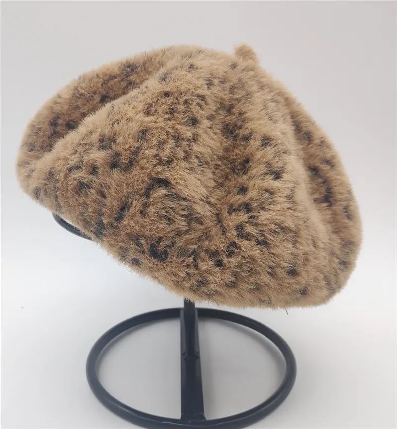 New Women's Thick Wool Beret Cap Leopard Printed Beret Cap Artist Hat Pumpkin Cap Gorras