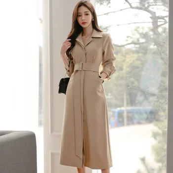 

Autumn Turn-Down Collar Khaki Sashes Slim Outwear Women Cloth Long Casual Trench Office Wind Coat