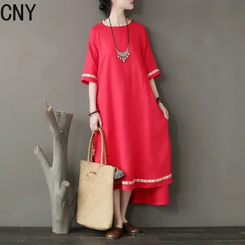 

Original national style women's dress stitching embroidery tear edge linen dress loose sleeve high - grade cheongsam dress