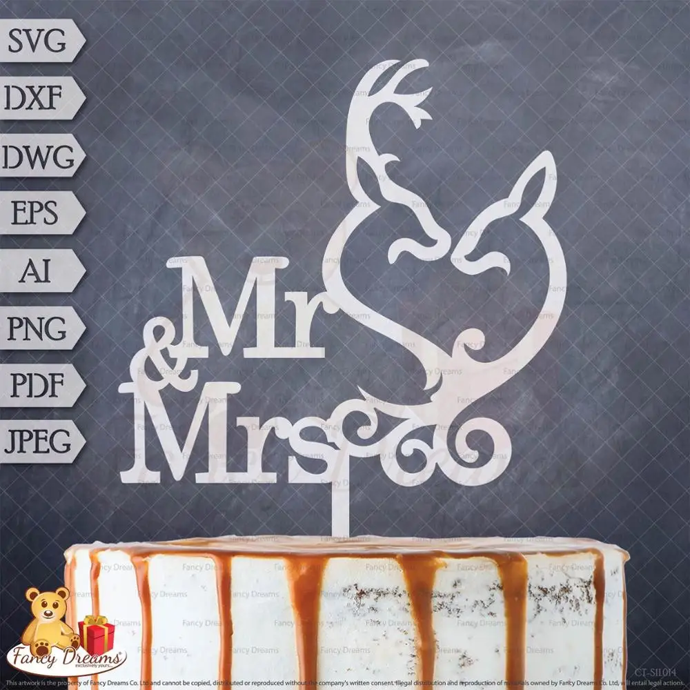 Свадебный шаблон Mr & Mrs + олень-Лазерная резка торт Topper-СВ-СГ DXF DWG Eps ai png pdf