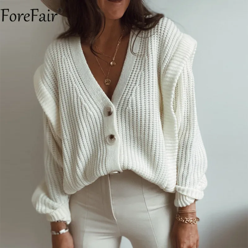Forefair V Neck White Batwing Long Sleeve Knited Button Cardigan Loose Women Sweater Autumn Winter Casual Oversized Sweaters |