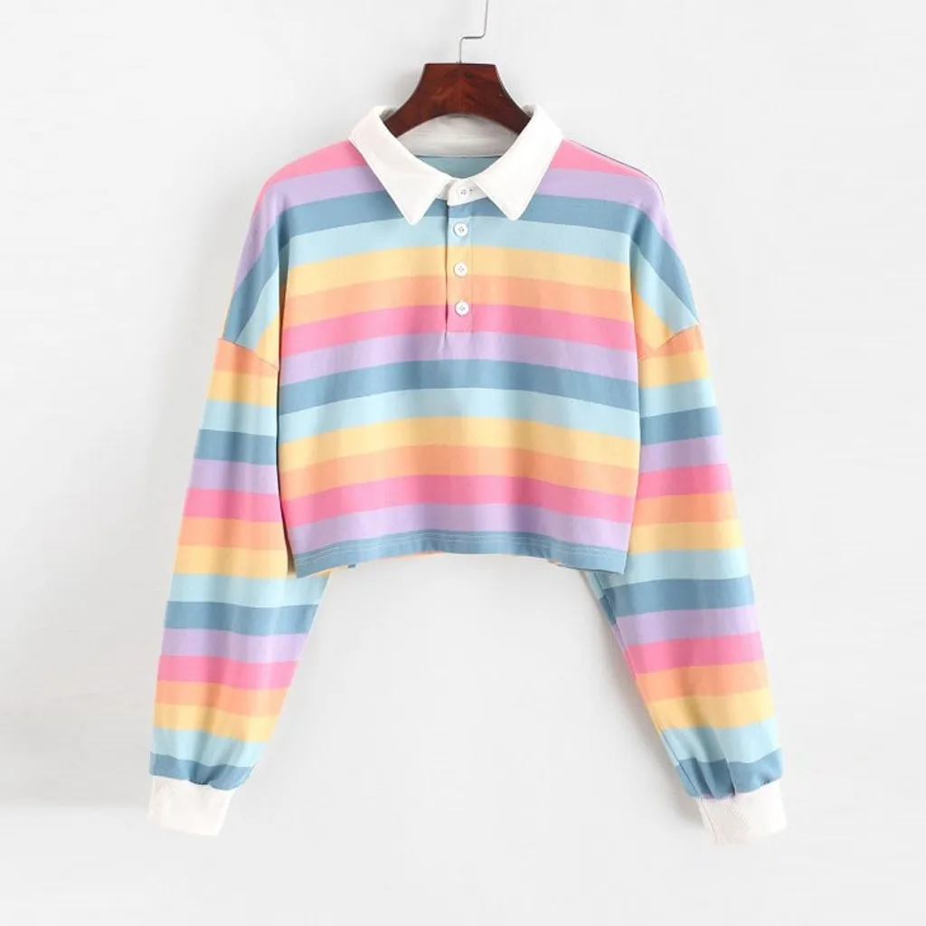 QRWR 2021 Polo Shirt Women Sweatshirt Long Sleeve Rainbow Color Ladies Hoodies With Button Striped Korean Style Sweatshirt Women 2