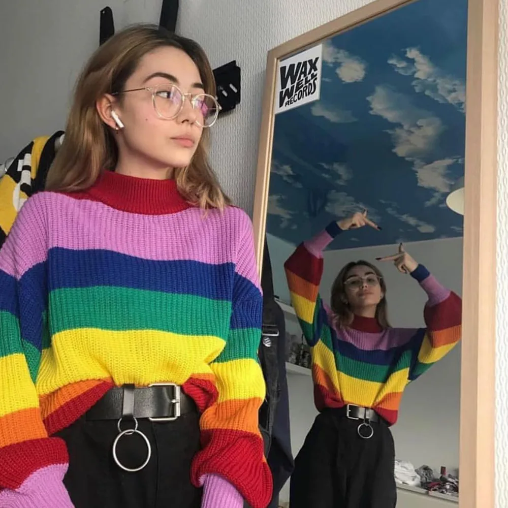 

Rainbow Colorful Stripe Sweater Women Casual Sweaters Autumn Fashion Turtleneck Knitwear Loose Pullovers Jumper Pull Femme