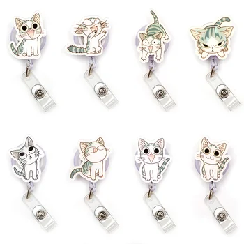 

Funny Cartoon Japan Gray Cat Plastic Badge Reel Holder Elastic Name Card Simple & Easy To Use For Nurse & Students
