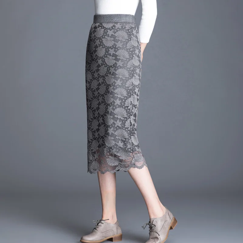 

Knitted skirts womens 2019 autumn and winter new OL double-sided lace skirt long skirt women jupe femme falda
