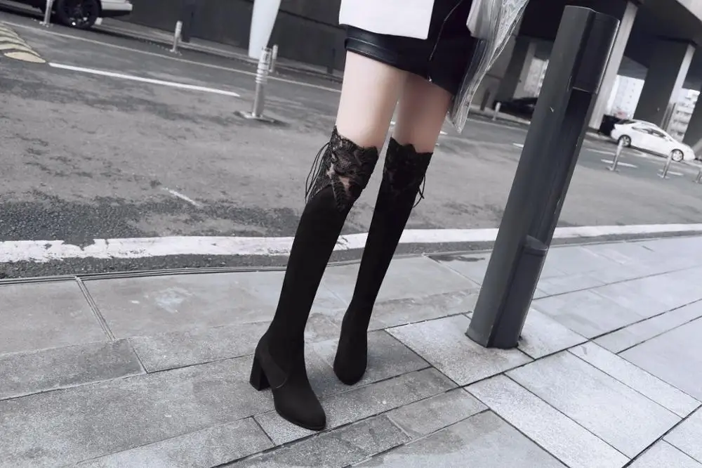 Новое поступление nueva moda salvaje de encaje Sobre las botas de la rodilla con botas de gamuza botas de mujer de gran tamamino