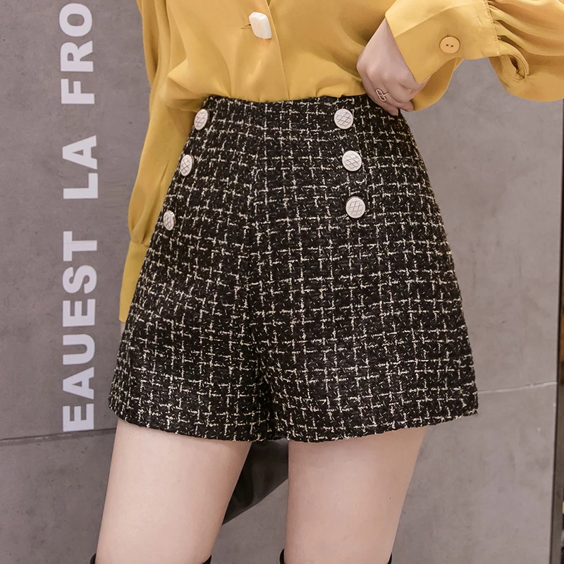Корейские элегантные твидовые шерстяные клетчатые шорты женские двубортные винтажные женские шорты с высокой талией осень зима женские короткие