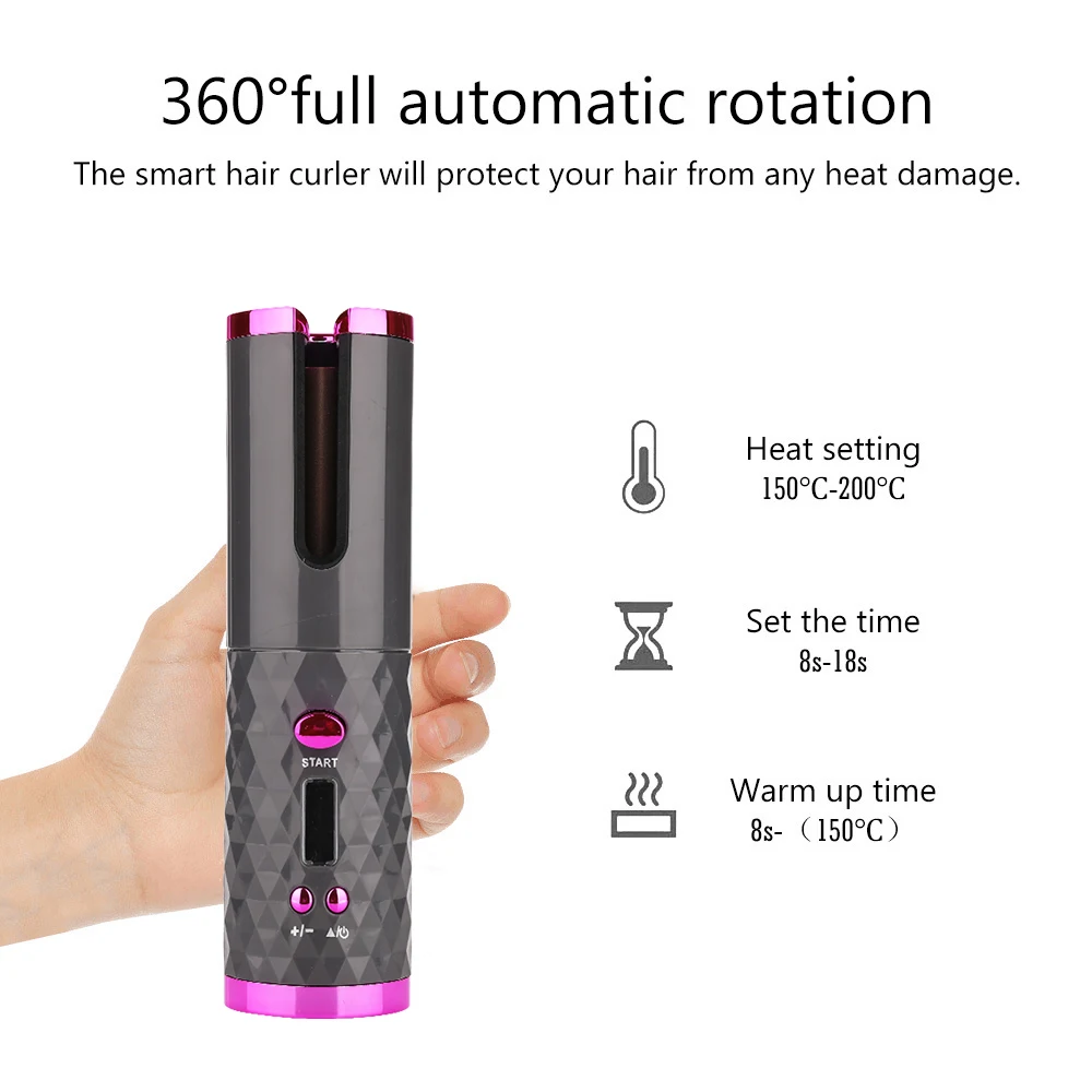 Modelador de Cabelo sem Fio Automático Ferro com 1 Pente + 2pc Rotativo Portátil Recarregável Display Máquina Encaracolado Onda Curling Clipes Lcd 3 curling ferro com 1 pente + 2pc clipes