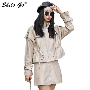 

Genuine Leather Jacket Highstreet Turtleneck Drop Shoulder Plus Size Drawstring Waist Sheepskin Coat Women Autumn Casual Outwear