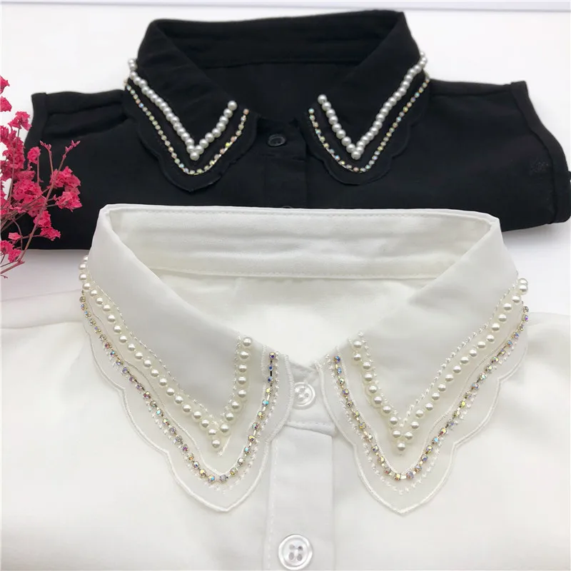 

Vintage Shirt Detachable Collars Women White Blouse Tops Fake Collar Handmade Beading Lapel Half-Shirt Necklace False Collar