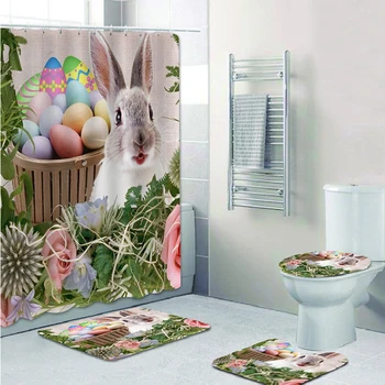 

Easter 3D Digital Grass Bunny Plus Balls Series Pattern Shower Curtain Mat Bathroom Base Mat Toilet Mat Home Decorations A