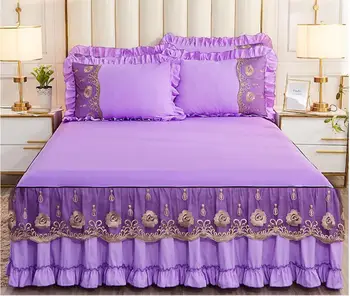 

Purple Lace Princess Bedspread Bed Skirts Cotton 1/3pcs Solid Color Bedding Bed Sheet Twin Full Queen King Size Mattress cover