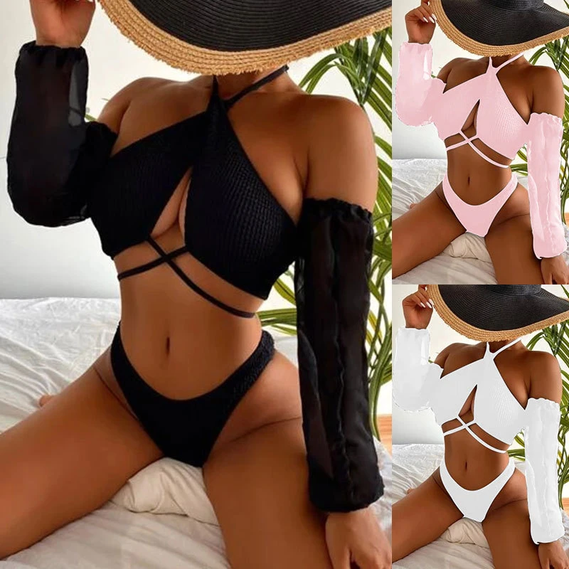 red bikini set Sexy Long Sleeve 3 Piece Bikini Set Women Solid Black High Cut Bandage Cross Swimsuit Beach Bathing Suit Thong Swimwear Biquini string bikini set