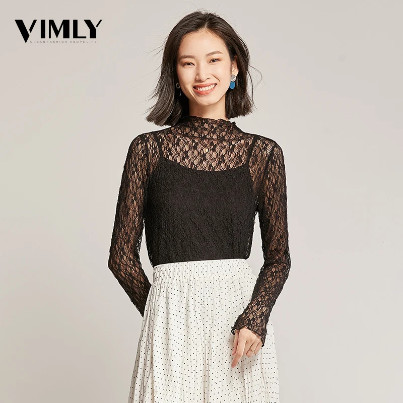 

Vimly Women Sweet Lace Transparent Blouse Female Hollow Out Stylish Shirts Blusas Solid Sexy Ladies Tops