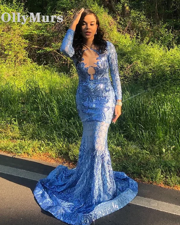 

Blue Sequin Long Sleeve Mermaid Royal Blue Prom Dresses 2019 Vestido de Gala Long Graduation Dress African Evening Gowns